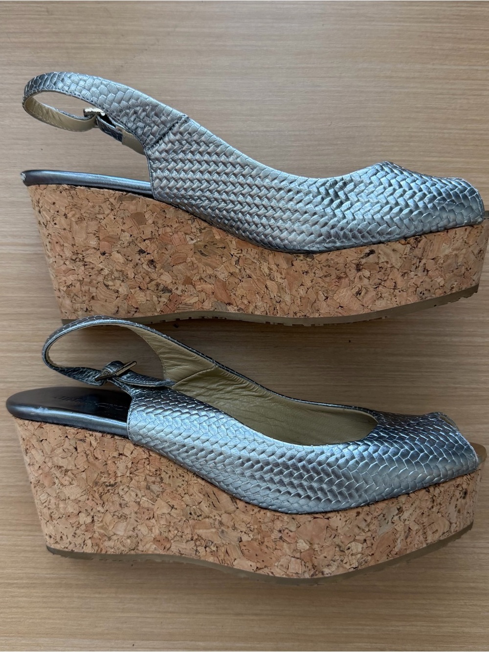 Jimmy Choo Metallic Silver Woven Leather Cork Platform Wedges 37.5